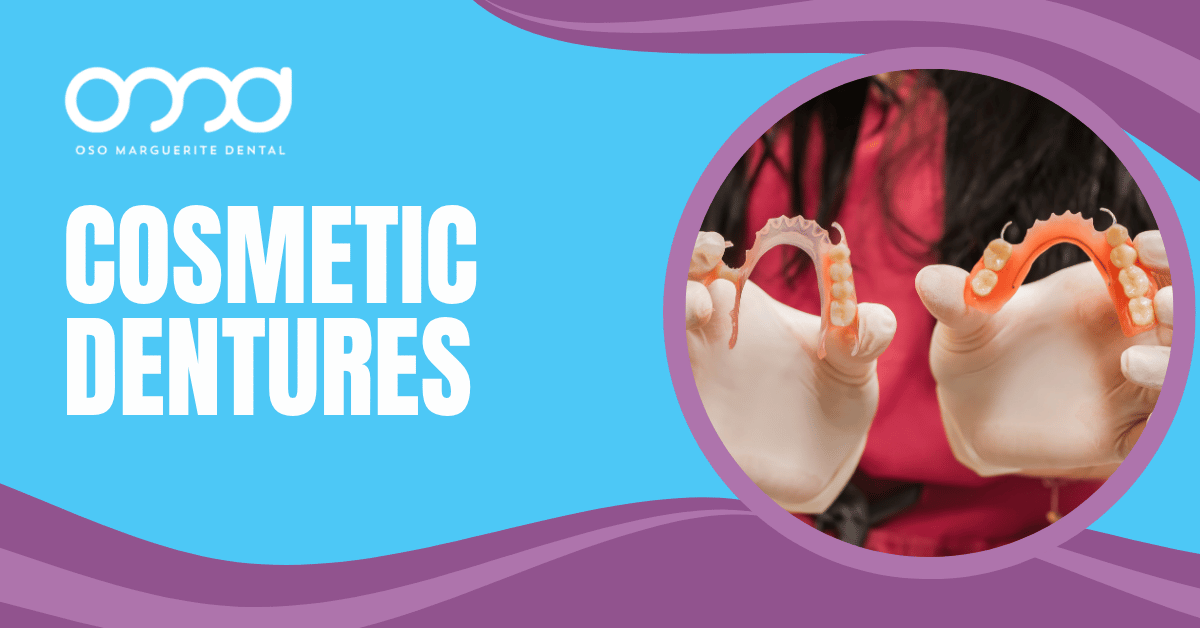 Gloved hands holding two partial dentures on a header graphic about whether cosmetic dentures are worth it